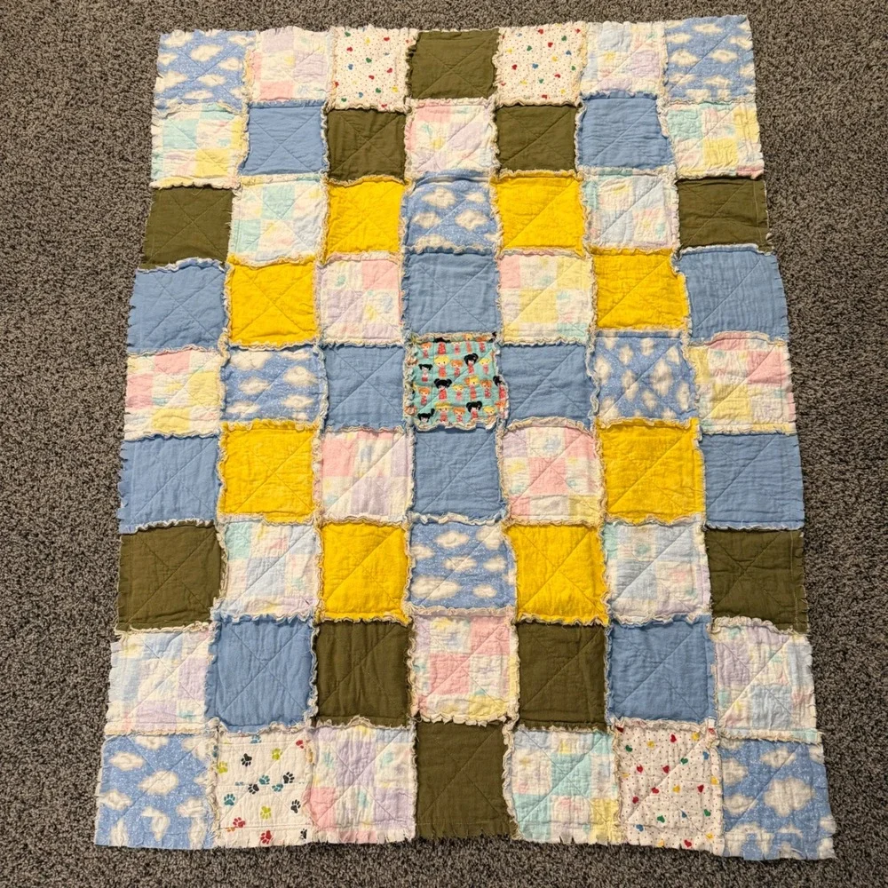 Handmade Patchwork Rag Quilt Blanket Nursery Toddler Blue Yellow Olive 53